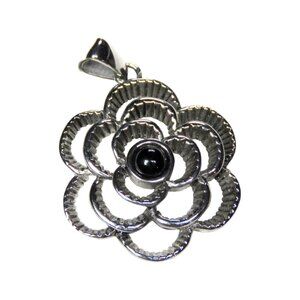 Inox Women's Stainless Steel Flower Pendant with Black Center Stone